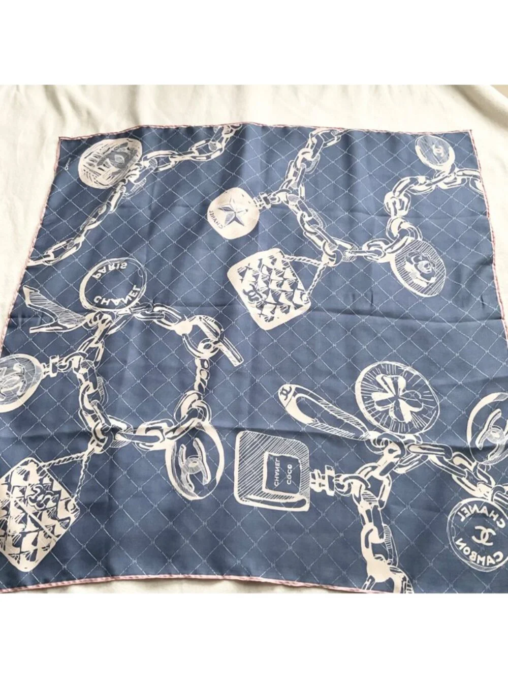 Chanel silk square blue beige scarf 89 by 90 cm purse perfume heel bracelet logo